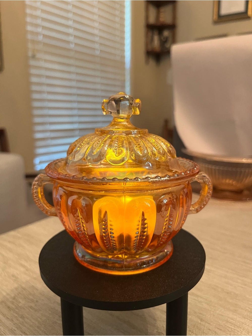 Vintage Amber Glass Covered Sugar Bowl Fairy Lamp Décor - Picture 4 of 5